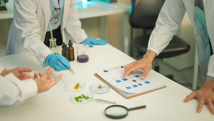 Scientists discuss botany and agriculture research while examining plant samples and data charts during a laboratory experiment focused on food and cultivation.