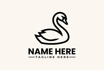 Obraz premium Black swan logo vector illustration with placeholder text on a beige background, featuring a simple line drawing style and a clean design.