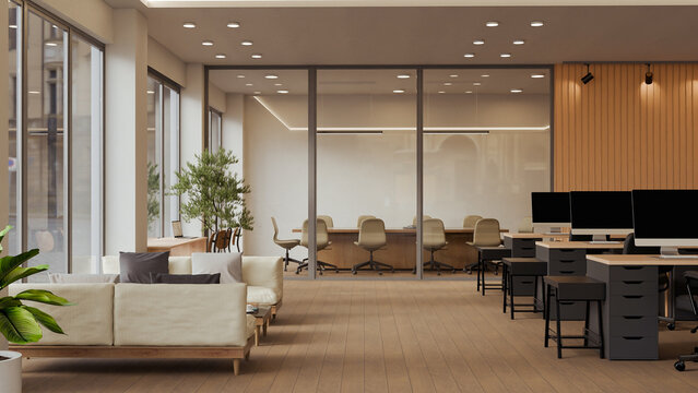 3D rendered modern office with rows of workstations, chairs, and glass partition meeting rooms