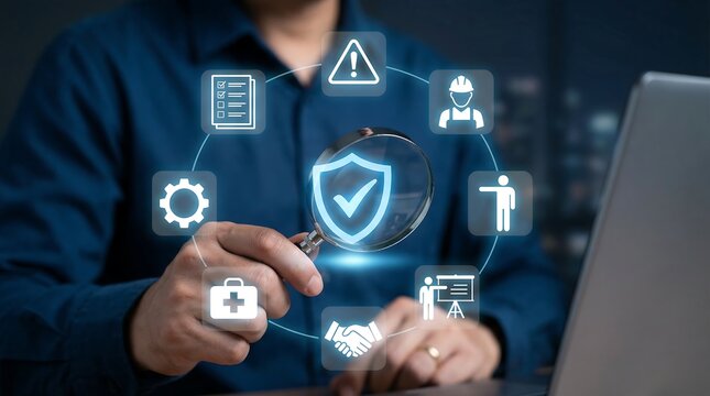 A man in a blue shirt holds a magnifying glass over a glowing shield with a checkmark, surrounded by various safety and business icons.
