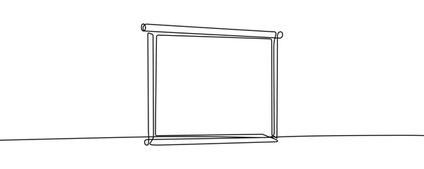 Projection screen in line art style. Minimalist drawing of an unrolled presentation screen made in a continuous line. Vector illustration.