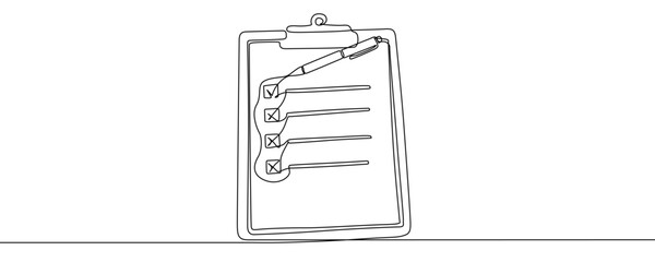Checklist on a clipboard in line art style. Minimalist drawing of a task list with a pen, made in a single continuous line. Vector illustration.