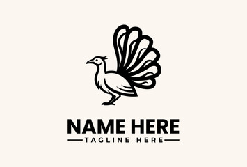 Obraz premium A black and white vector illustration of a stylized peacock with a customizable name and tagline on a clean background, featuring a logo and pictogram design elements.