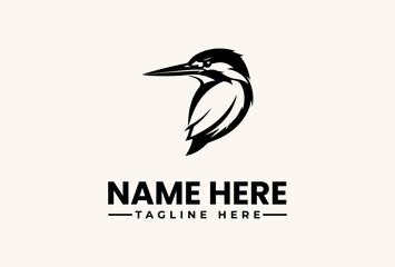 A minimalist illustration of a bird's head in black and white, accompanied by placeholder text for a logo or brand name on a beige background, featuring a simple vector design. © vectorvovdesign