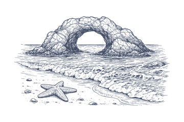 Obraz premium Coastal Beach Landscape with Natural Rock Arch Formation and Starfish on Sandy Shore Detailed Engraving Style Black and White Vector Illustration