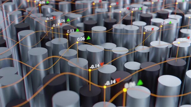 Futuristic 3D business infographic loop video with animated cylinders and financial growth indicators for corporate annual reports
