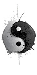 A dynamic ink splash forms a Yin and Yang symbol against a stark background