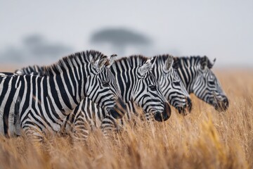 Fototapeta premium Zebras herd standing together in dry savanna grass