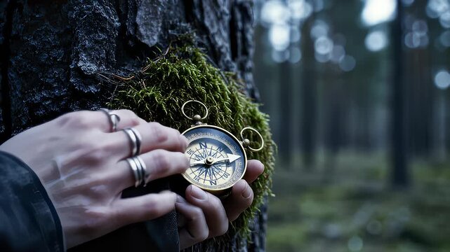 Person Holding a Compass Near a Mossy Tree in a Mysterious Forest