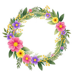Obraz premium Colorful floral wreath with pink purple yellow flowers and green leaves on a black background isolated on a transparent background