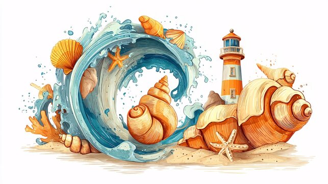 and vibrant illustration of a coastal themed frame made from seashells, ocean elements, and a cheerful lighthouse. The composition forms a playful border celebrating tourism and seaside travel, 