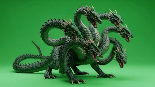 Green hydra creature with multiple heads and glowing red eyes, isolated on green background.
