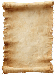 Aged parchment scroll, unfurled with rough, torn edges, textured and stained