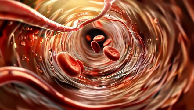 Microscopic view inside a blood vessel showing red blood cells flowing dynamically along the artery walls