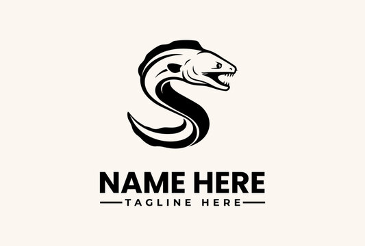 Black and white illustration of a snake's head forming a stylized letter S, with placeholder text on a beige background.