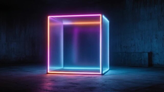 Abstract neon cube glowing in dark space with modern design