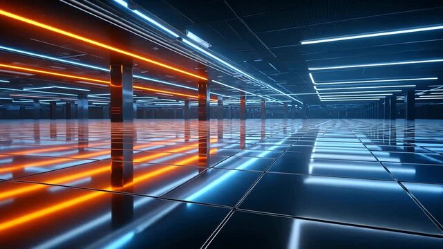 Abstract render of a futuristic, dark interior space with tiled floor and neon lighting in orange and blue