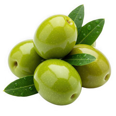 Obraz premium Fresh green olives with water droplets and leaves on a black background isolated on a transparent background