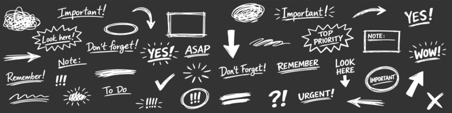 Set of white hand-drawn chalk doodles, arrows, and reminder text on a dark background. Perfect for highlighting and organizing content.