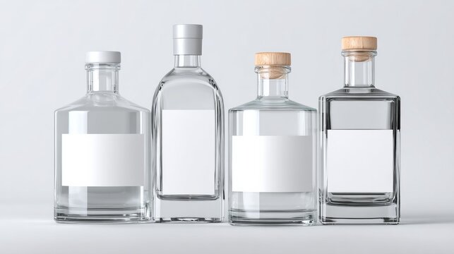 Four clear bottles with white labels