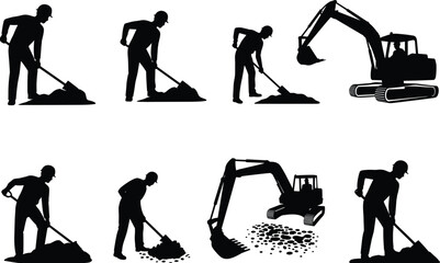Construction worker silhouettes set with shovels and excavator, earthmoving and excavation activities, black vector icons isolated © Sohagh's World