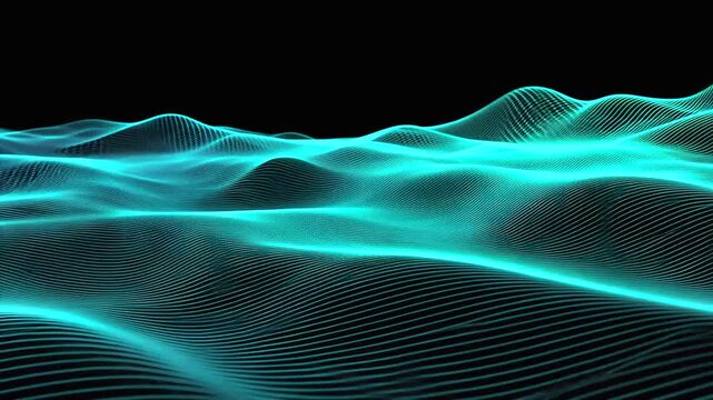 Abstract futuristic blue wave pattern on black background.
