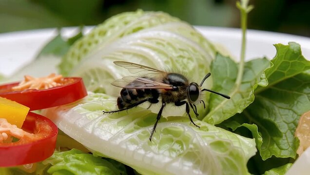 A fly rests on a fresh salad with chopped peppers and crisp lettuce leaves creating an unusual scene of nature intruding on dining