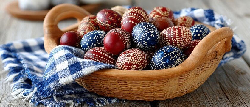 Huevos decorados de Pascua colocados en una cesta de mimbre con tela, creando una composici&oacute;n festiva tradicional.
