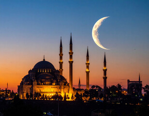 Fototapeta premium silhouette of mosque and ramadan crescent moon