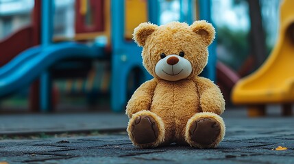 A soft toy bear sits on the playground