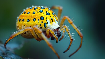 A spiny orb weaver spider with a bright yellow shell pattern
