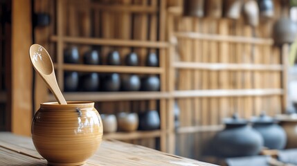 A spoon made of bamboo for pouring liquid food from a container displayed in a wooden storage room