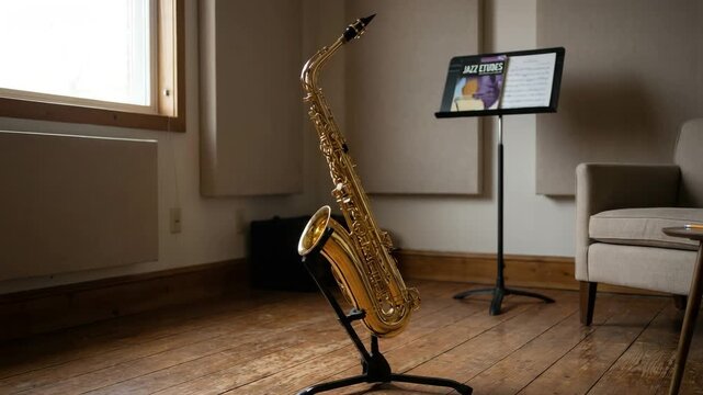 alto saxophone resting on stand inside quiet practice room orbit video