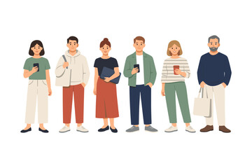Obraz premium Group of diverse adults standing with mobile devices and bags on white background