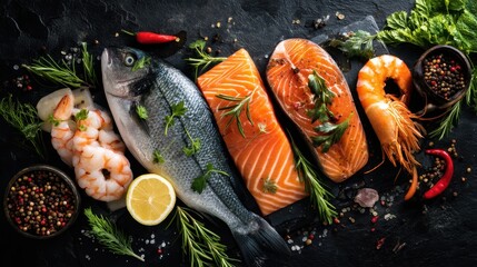 Variety of seafood including shrimp, salmon, and scallops are displayed on a black counter