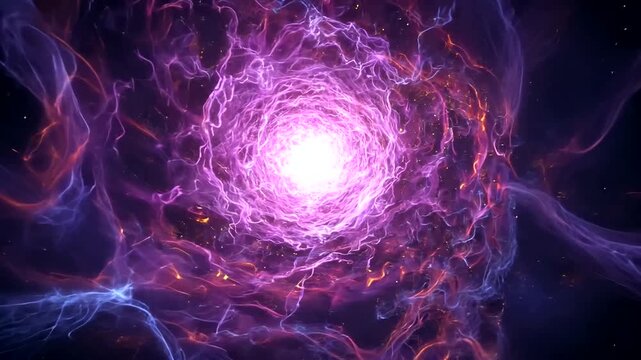 Abstract swirling energy tunnel of violet and blue with sparkling orange highlights, dark void beyond