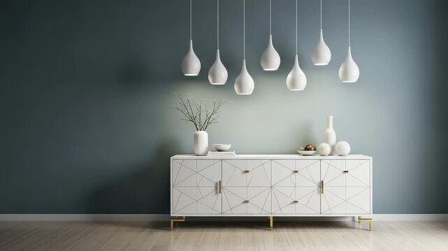 Modern interior design with white geometric sideboard and pendant lights against a blue wall in a room with wooden floor