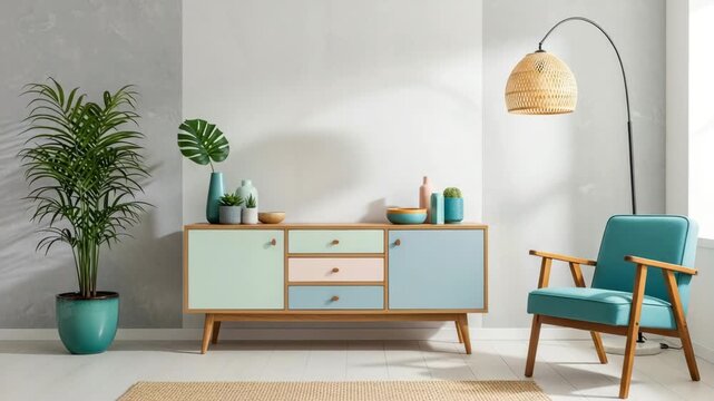A serene living room with a teal chair, a wooden sideboard with pastelcolored doors, and a tall plant in a teal pot on a white tiled floor with a woven rug and a tall lamp with a wicker shade