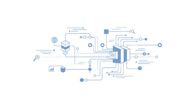 Vector circuit board illustration with blue lines and symbols, for technology or software concept, infographic elements, Isolated on transparent background, png