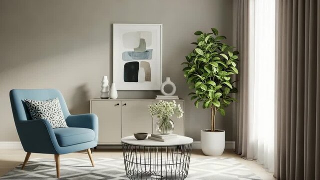 Modern living room interior with blue chair, coffee table, plant, and abstract art on gray wall background
