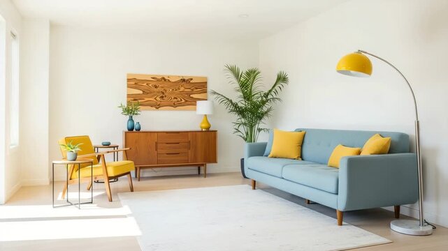 Modern living room with blue couch, yellow pillows, and wooden furniture, isolated on white background not applicable