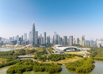 Obraz premium Aerial view of Skyline of Houhai CBD buildings in Nanshan District, Shenzhen, China.