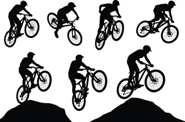Fototapeta premium Mountain bike rider silhouettes collection, cyclists performing jumps and tricks in midair, black vector icons set for extreme sports