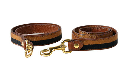Brown leather pet collar and leash set, striped with black, featuring gold-tone metal hardware