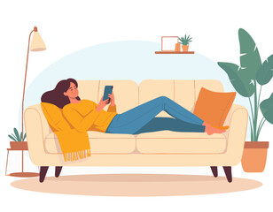 Fototapeta premium Flat vector illustration of a person relaxing while using smartphone on sofa