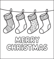 Merry Christmas with ornate decorated coloring page for kids, Black line art vector illustration for holiday greeting and activities