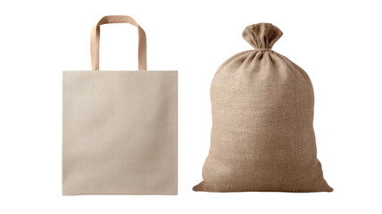 Beige tote bag and tied sack sit next to each other, against black background