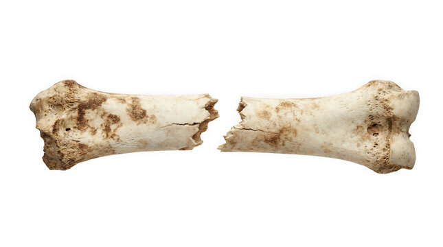 A broken bone with brown spots on a white background