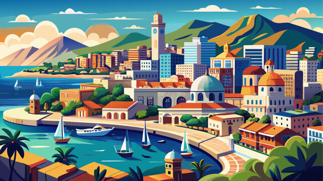 Very beautiful panoramic view of Oran, a vibrant coastal city in Algeria, showcasing Mediterranean coastline, urban skyline, historic architecture, and the natural harmony between sea and city life.