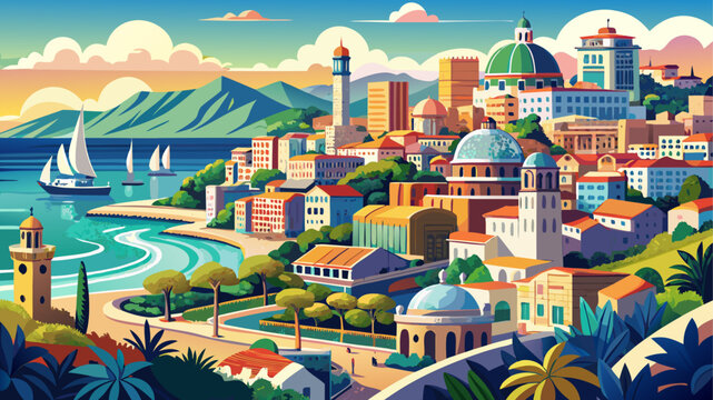 Very beautiful panoramic view of Oran, a vibrant coastal city in Algeria, showcasing Mediterranean coastline, urban skyline, historic architecture, and the natural harmony between sea and city life.